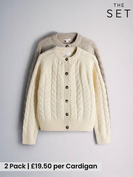Cream/Taupe Brown - The Set 2 Pack Crew Neck Cable Cardigans