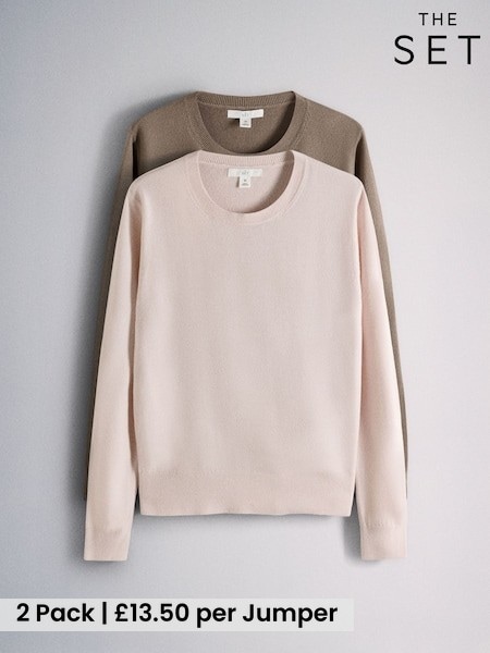 Mink Brown/Light Pink - The Set 2 Pack Soft Knit Crew Neck Long Sleeve Jumpers