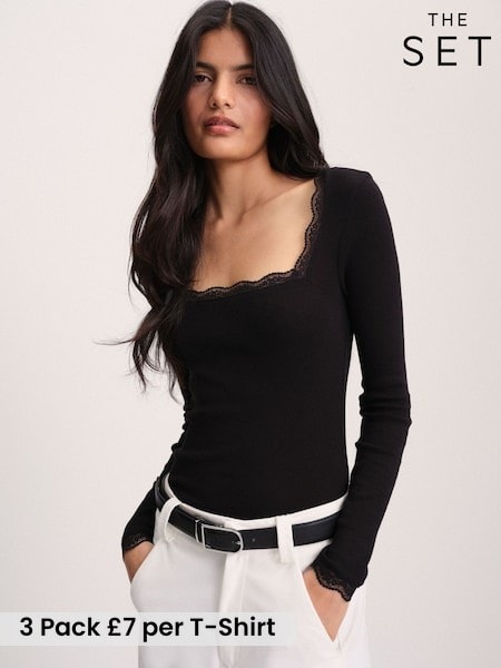 Grey/Black/Ecru - The Set 3 Pack Lace Square Neck Long Sleeve Semi Sheer Top