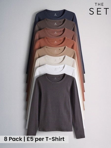 Brown/Navy/Ochre/Tan/Stripe/Neutral/White - The Set 8 Pack Long Sleeve Slim Fit Ribbed T-shirts