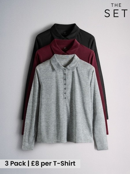 Dark Navy/Grey Marl/Burgundy Red - The Set 3 Pack Long Sleeve Sheer Collared Polo Shirt
