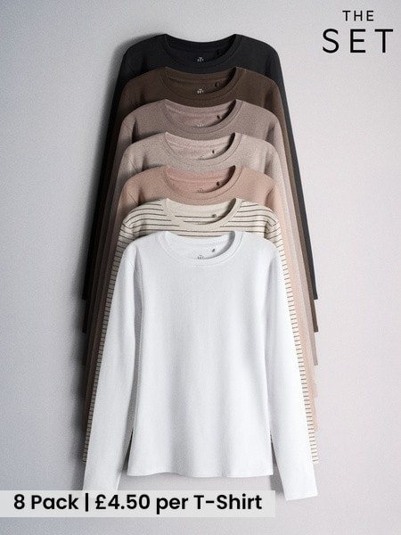 Black/Brown/Neutral/Taupe/White - The Set 8 Pack Slim Fit Crew Neck Long Sleeve T-shirts