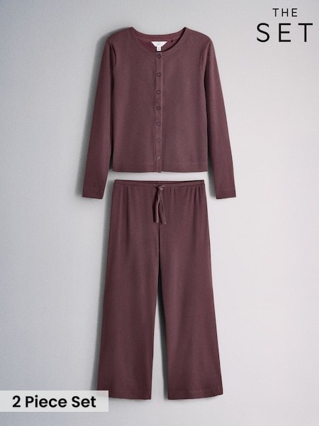 Dusky Purple - The Set Cosy Rib Button Through Top And Straight Leg Joggers Co-ord