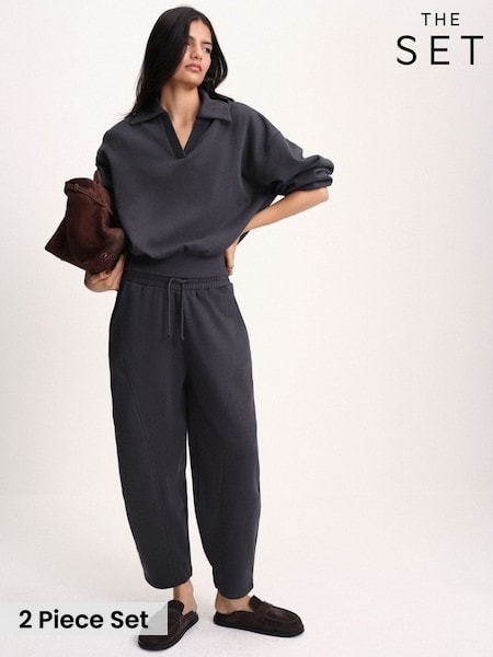 Dark Navy - The Set Trophy Neck Sweatshirt And Barrel Leg Joggers Co-ord Set Dark Navy