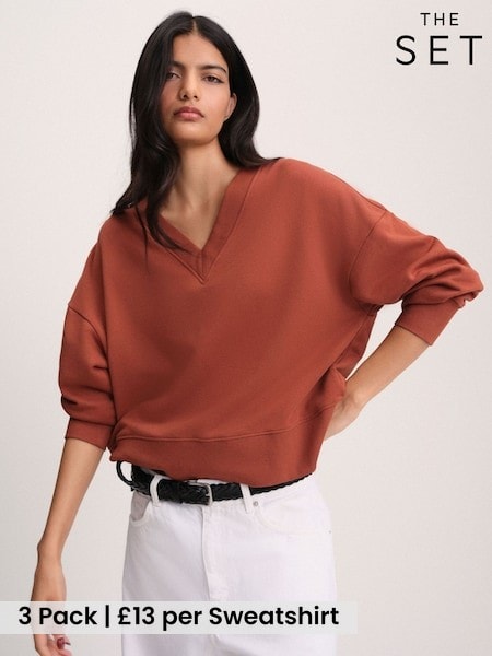 Tan/Navy/Cream - The Set V-neck Cotton Loopback Crew Neck Sweatshirts 3 Pack