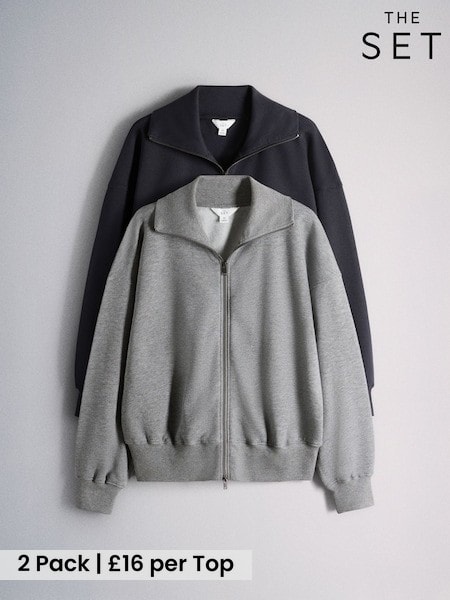 Grey Marl / Navy Blue - The Set 2 Pack Zip Through Collared Sweat Top