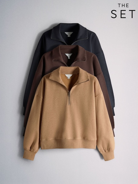 Tan/Navy/Brown - The Set 3 Pack Brushed Sweat Funnel Neck Sweaters