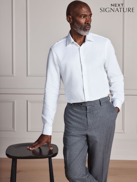 White - Regular Fit Signature Cotton Modal Blend Textured Smart Shirt With Double Cuff