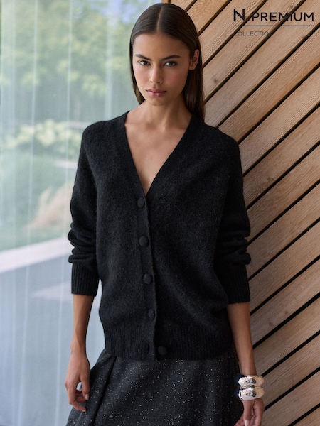Black - N.premium Long Sleeve Mid-length Deep V Knit Cardigan