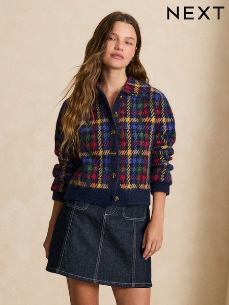 Navy/Multi Check - Knitted Collar Cardigan With Wool