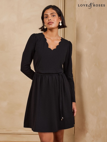 Black - Love & Roses Long Sleeve Scallop Mini Dress