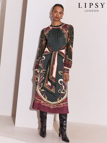Black - Lipsy Polka Dot Chain Print Long Sleeve Tie Waist Midi Dress