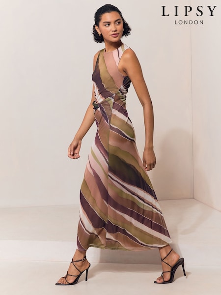 Olive and Burgundy Stripe - Lipsy Mesh Tie Knot Front Sleeveless Midaxi Dress