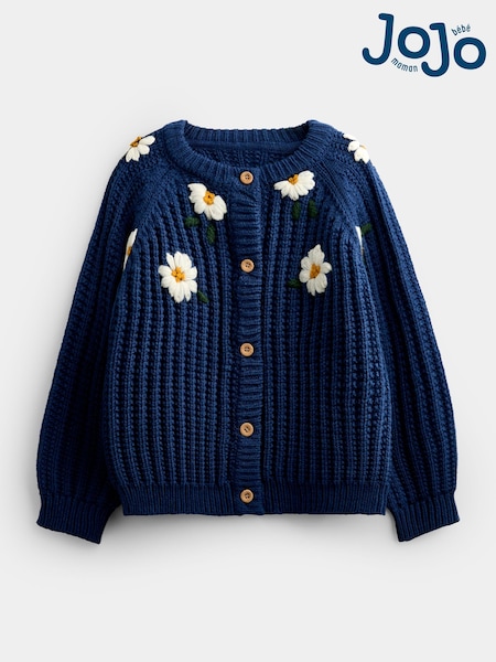 Mid Blue Floral - Jojo Maman Bébé Embroidered Rib Knit Cardigan