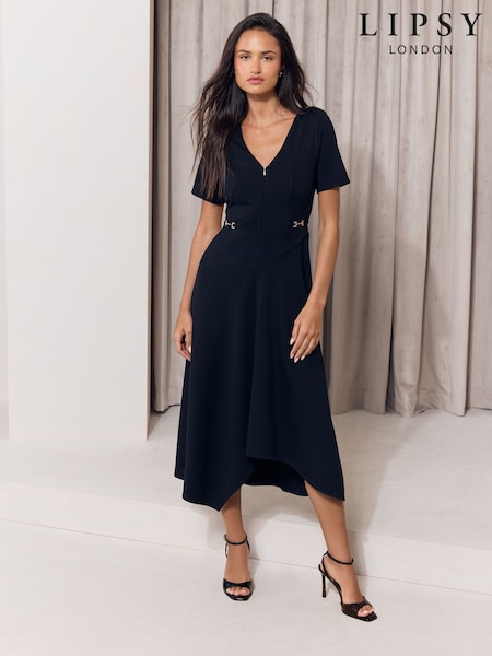 Black - Lipsy Zip Front V-neck Gold Hardware Trim Hanky Hem Midi Dress