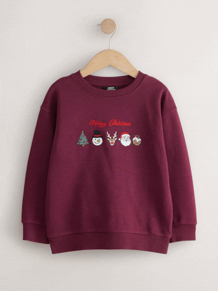 Burgundy Red Embroidery - Christmas Crew Neck Sweater (3-16yrs)