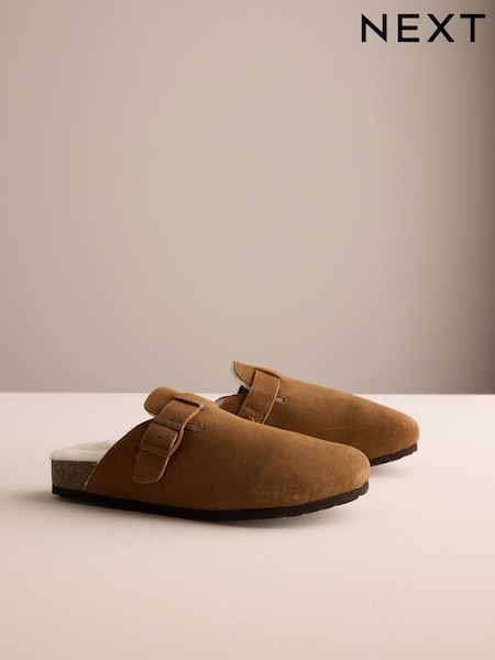 Tan Brown - Regular Buckle Mule Suede Slippers