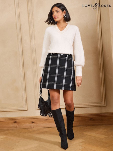 Black - Love & Roses Tailored Check Tab Detail Mini Skirt With Wool