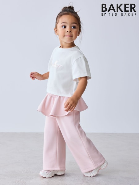 White/Pink - Baker By Ted Baker White/pink Frill T-shirt & Peplum Joggers Set 2 Piece