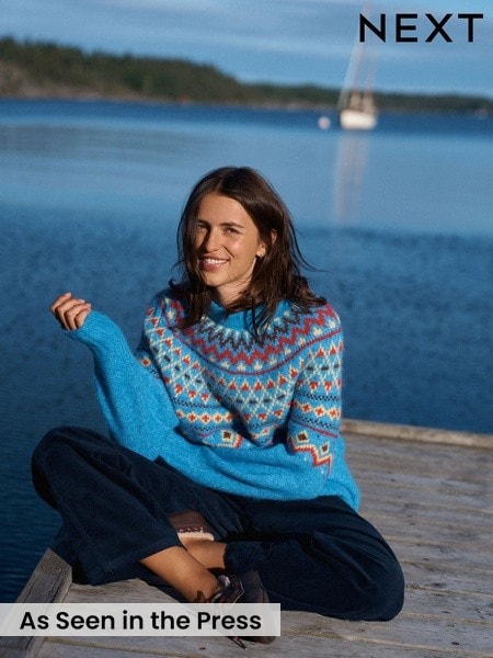 Cobalt Blue Fairisle - Relaxed Long Sleeve Crew Neck Jumper With Wool