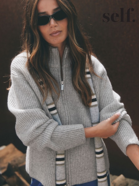Charcoal Grey - Self. Knitted Zip Rib Cardigan