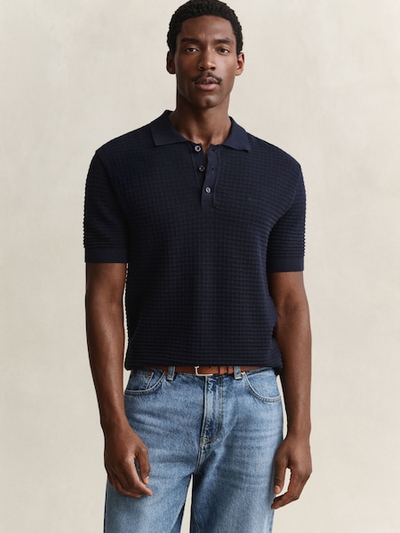 Blue - Regular Gant Cotton Texture Polo Shirt