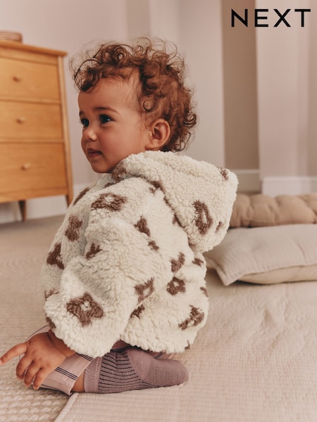 Neutral and Chocolate Floral - Borg Baby Zip Thru Jacket (0mths-2yrs)