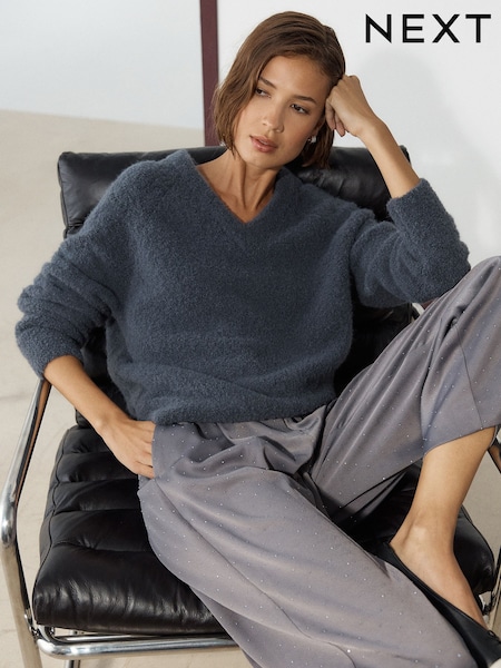 Charcoal Grey - Boucle Long Sleeve V-neck Knit Jumper With Wool
