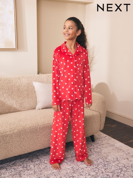 Red/Pink Heart - Cosy Fleece Button Through Pyjamas (2-16yrs)