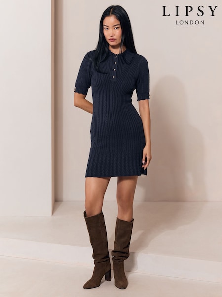 Navy Blue - Lipsy Knitted Polo Collar Mini Dress