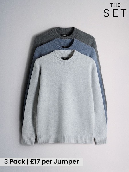 Grey/Blue - Regular The Set 3 Pack Soft Knit Crew Jumper