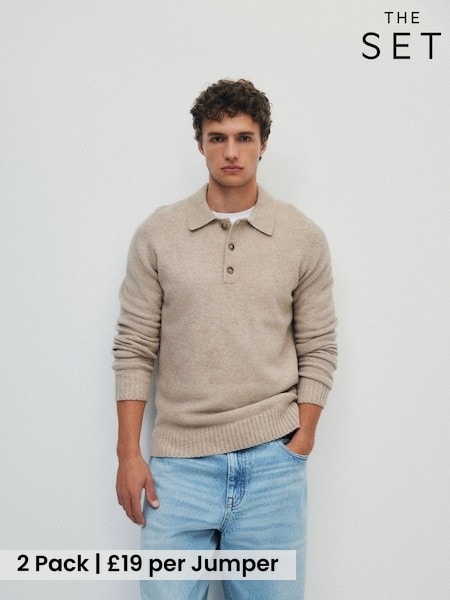 Brown/Cream - Regular The Set 2 Pack Textured Knit Polo Jumpers