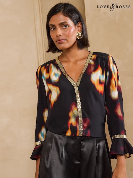 Black Abstract Print - Love & Roses Sequin Trim 3/4 Flute Sleeve Blouse