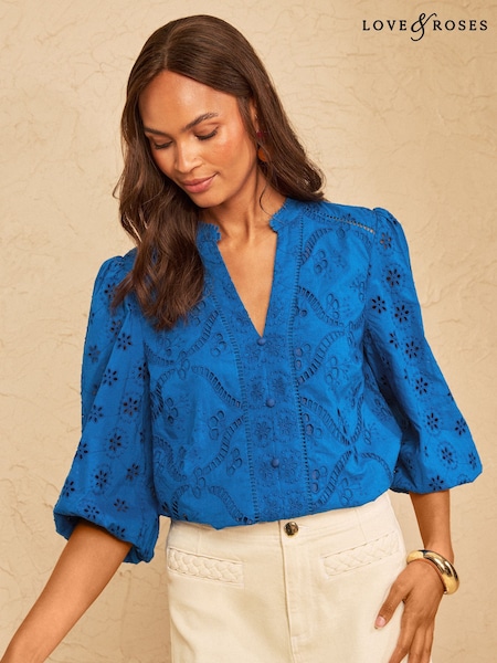 Cobalt Blue - Love & Roses Broderie Notch Neck Blouse