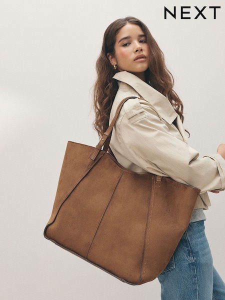 Tan Brown - Suedette Structured Shoulder Bag