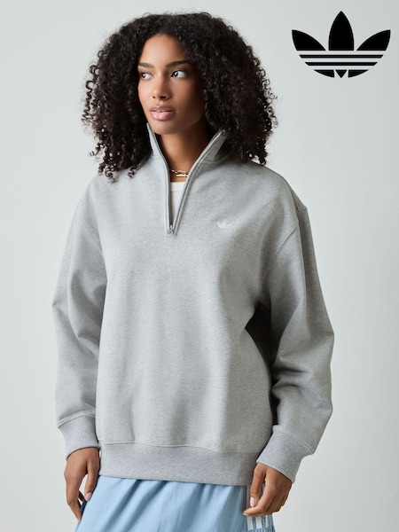 Grey - Adidas Originals Essentials Quarter Zip Sweat Top