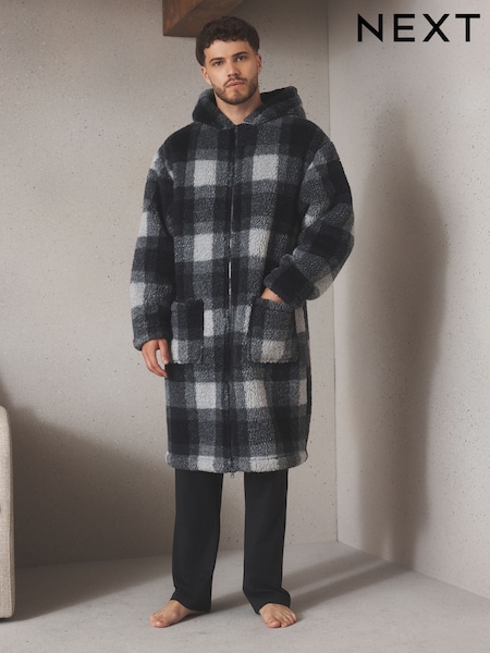 Monochrome Check - Regular Zip Through Borg Dressing Gown