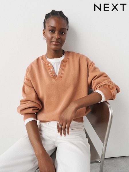 Burnt Orange - Washed Popper Neck Sweatshirt