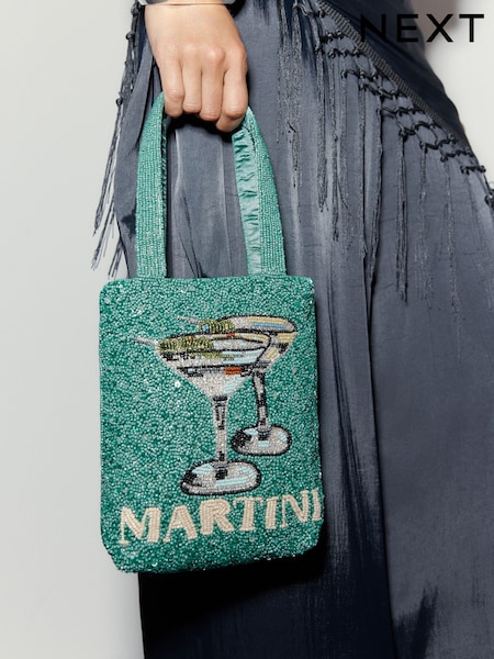 Green - Martini Embellished Hand Held Bag