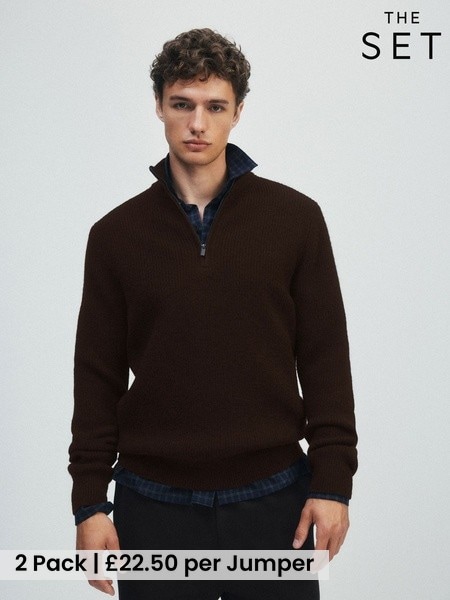 Brown - Regular The Set 2 Pack Textured Half Zip Knit Jumpers