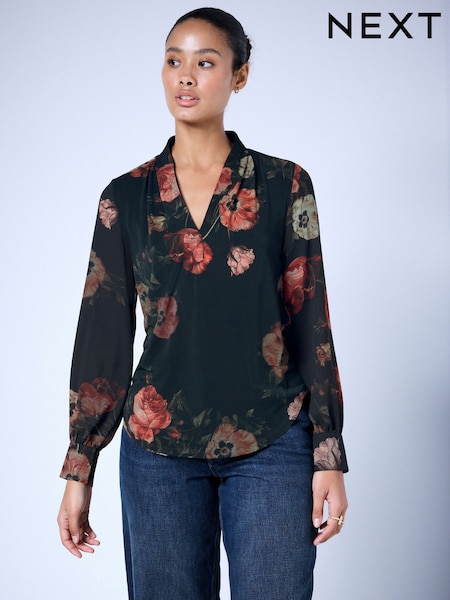 Black/Red Floral Print - Long Sleeve V-neck Cuff Top