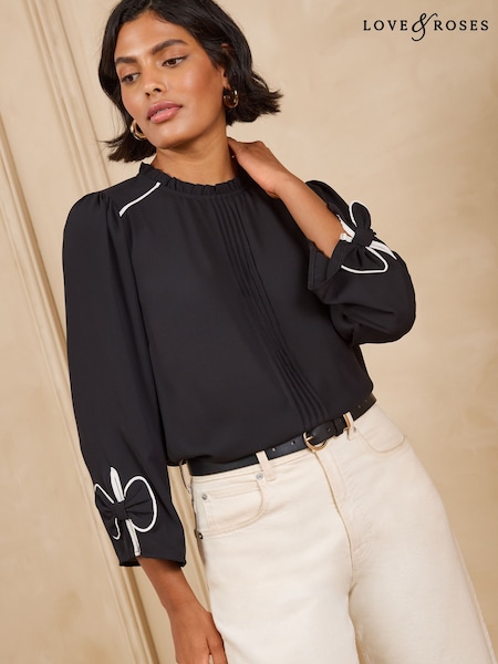 Black - Love & Roses Bow Cuff Detail 3/4 Sleeve Blouse