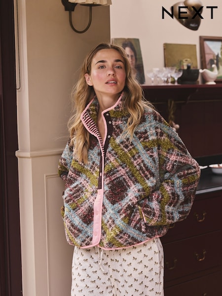 Green/Pink Tartan - Button Through Borg Fleece