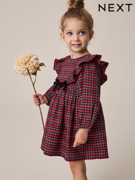 Red - Velvet Bow Long Sleeve Check Dress (3mths-8yrs)