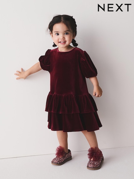 Burgundy Red - Velvet Short Sleeve Occasion Dress (3mths-8yrs)