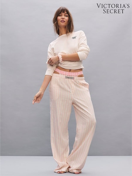 White & Pink Iconic Stripe - Victoria's Secret Long Sleeve Flannel Pyjamas & Scrunchie Set