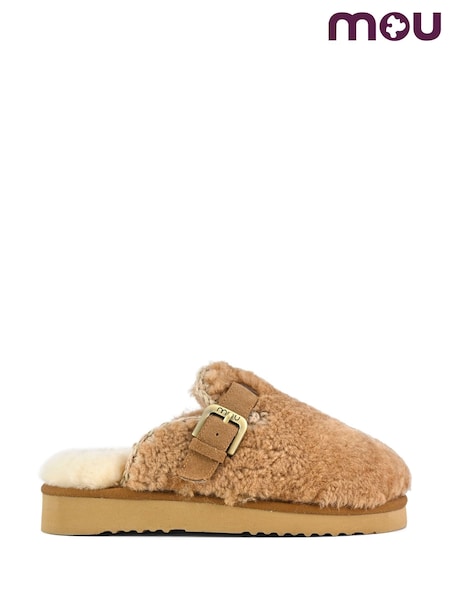 Brown - Mou Sheepskin Lined Eskimo Buckle Mules