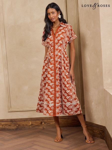 Rust Brown - Love & Roses Contrast Broderie Midi Shirt Dress