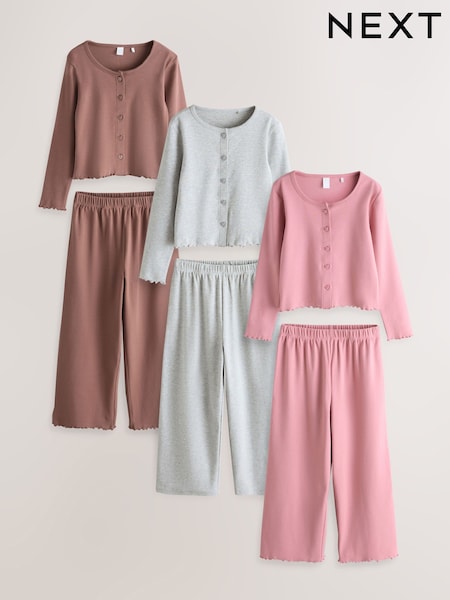 Pink/Grey/Brown - Cardigan Wide Leg Pyjamas 3 Pack (3-16yrs)