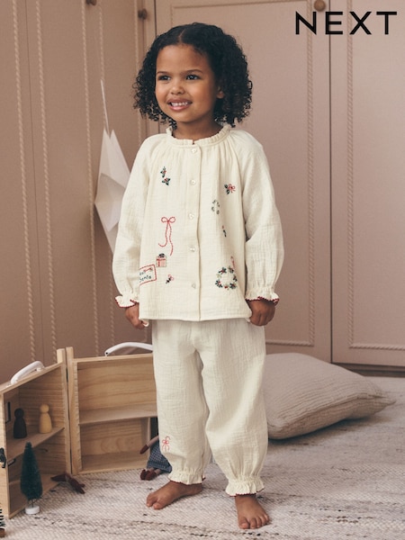 Ecru Embroidered - Christmas Woven Button Through Pyjamas (9mths-10yrs)